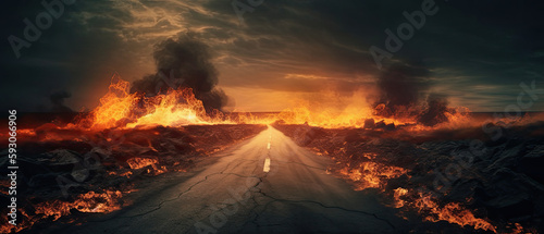Leinwand Poster generative ai illustration of a highway to hell, burning landscape