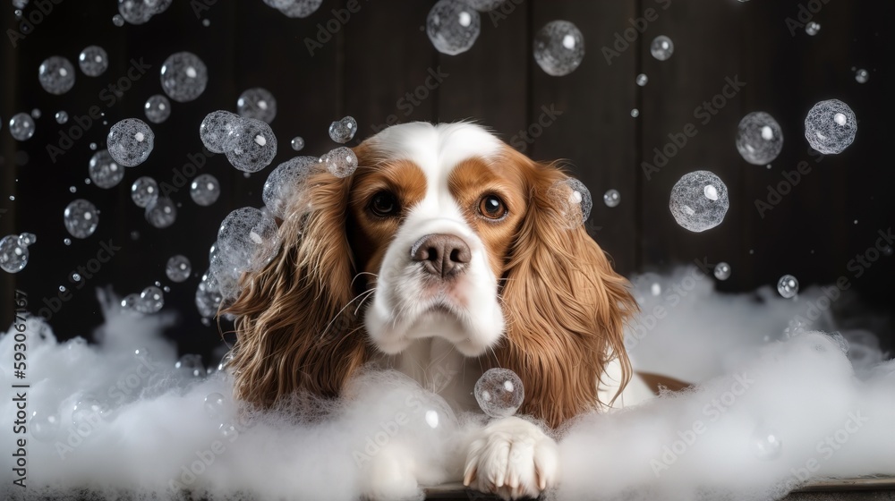 The dog takes a bath with foam and bubbles. AI generated
