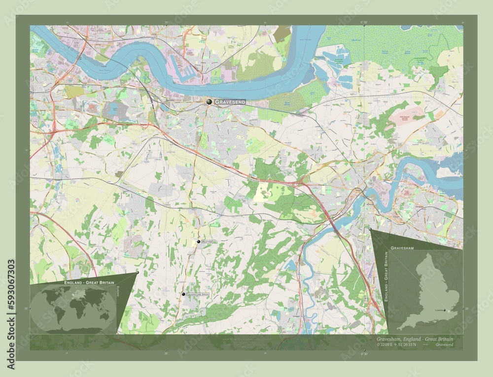 Fototapeta premium Gravesham, England - Great Britain. OSM. Labelled points of cities