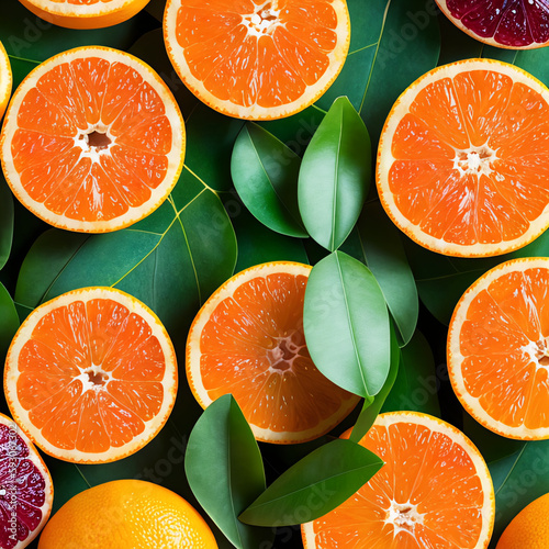 Lush green leaves, surrounding exotic citrus fruits. Top view of yellow, orange and green colors. Natural, juicy, vibrant concept created with generative AI.