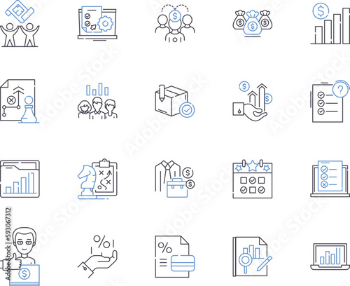 Market analysis outline icons collection. Market, Analysis, Research, Study, Trends, Strategy, Data vector and illustration concept set. Competition, Products, Segmentation linear signs