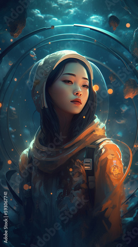 Portrait of gorgeous oriental astronaut, scifi woman in abstract starry night with space suit. Ai generated illustration, space art. Ai digital paint. Space journey, concept. explorer of the cosmos.