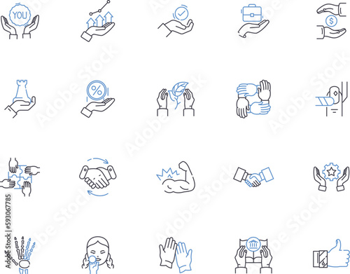 Hand gesture outline icons collection. gesticulating, waving, pointing, beckoning, signaling, clapping, shaking vector and illustration concept set. saluting, clasping, jabbing linear signs