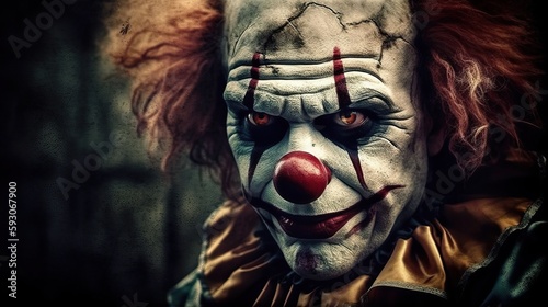 Horror clown and creapy funfair or circus. Generative AI
