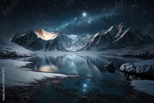 Landscape with snowy mountains, river and the milky way. Generative Ai