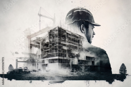 Civil engineer and construction work, double exposure effect. Generative Ai