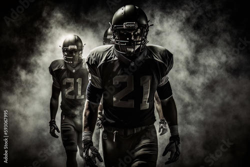 American football players team on dark smoky background. Generative Ai