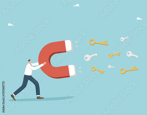 Secret key or method of defeating a competitor, finding a strategy for the development or growth of a business, career opportunities, man with a magnet attracts the golden and silver keys of success.
