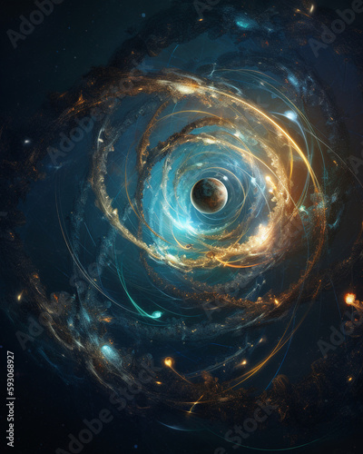 An interdimensional wormhole spiral in cosmic starry sky, concept of astral funnel in multiple universe. a space time tunnel for interstellar trips. ai Illustration background on black hole concept