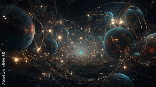 Ai 3d rendering illustration of a mystic astrological mechanism in the cosmic space, many stars and planets swirling in the night, spiral stellar spherical group, abstract surreal interstellar nets