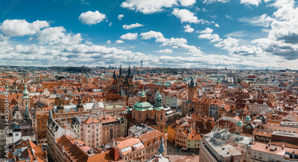 Obraz premium Scenic spring panoramic aerial view of the Old Town pier architecture and Charles Bridge over Vltava river in Prague, Czech Republic
