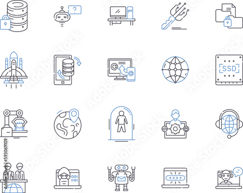 Science and technology outline icons collection. Science, Technology, Innovate, Experiment, Explore, Research, Data vector and illustration concept set. Analyze, Scientific, Engineering linear signs