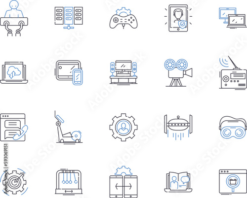 automotive technology outline icons collection. Automotive, Technology, Cars, Engines, Diagnostics, Repairs, Manufacturing vector and illustration concept set. Robotics, Electronics, Fuel linear signs photo