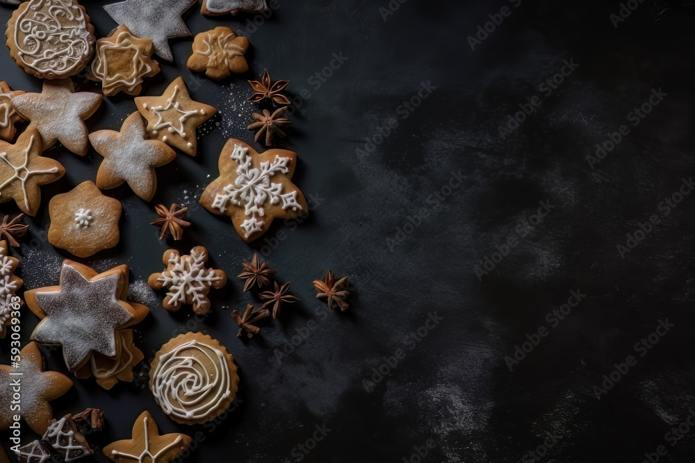 Top view of christmas cookies on black surface with copy space. Generative Ai Top view of christmas cookies on black surface with copy space. Generative Ai