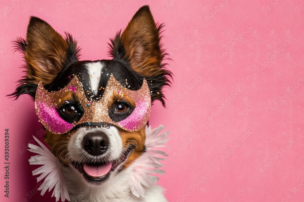 Cute dog with a carnival mask on pink backgound. Generative Ai