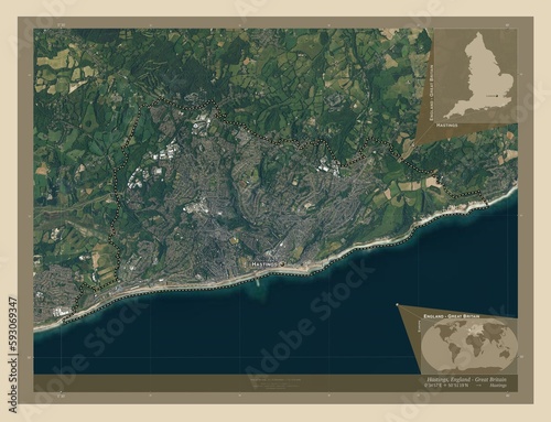 Hastings, England - Great Britain. High-res satellite. Labelled points of cities photo