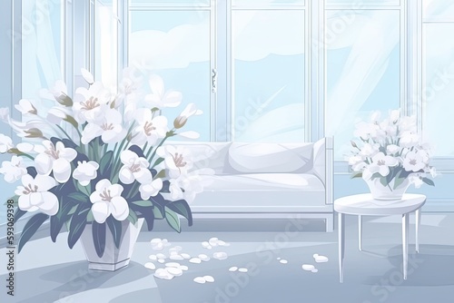 cozy living room with a comfortable couch and a beautiful vase of flowers. Generative AI