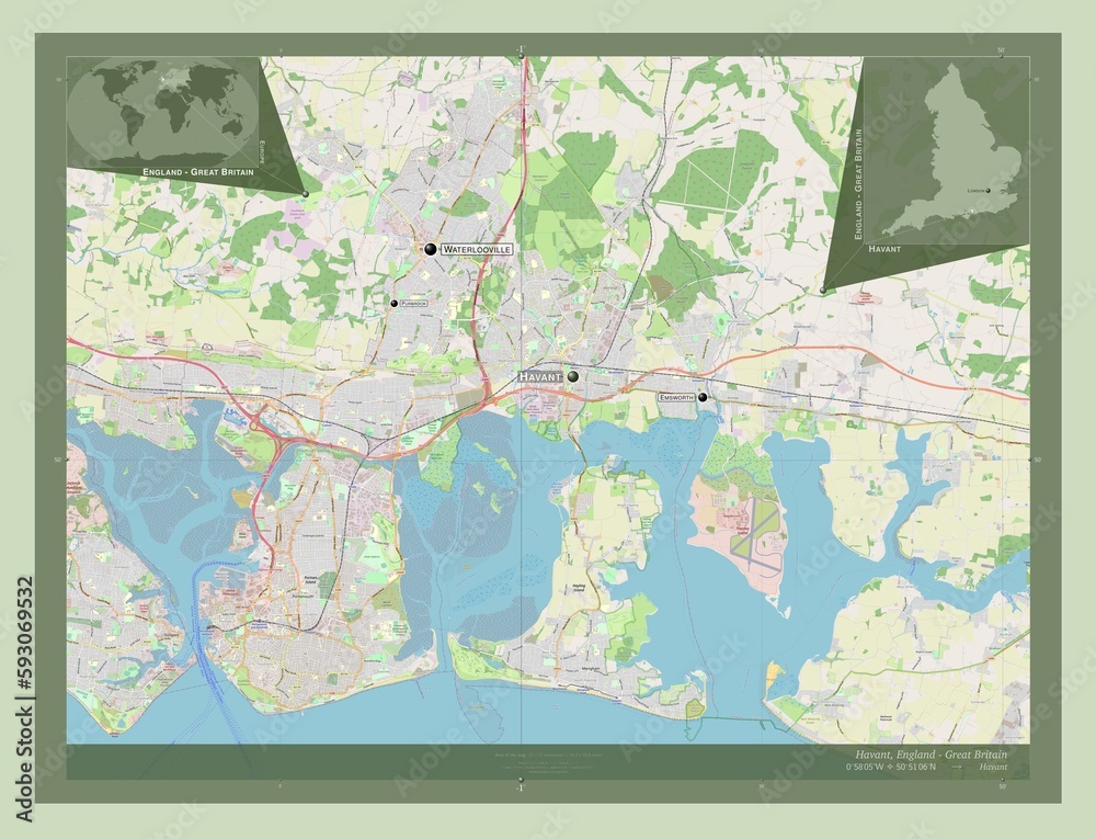 Fototapeta premium Havant, England - Great Britain. OSM. Labelled points of cities