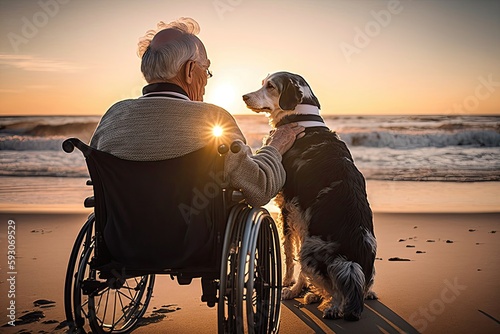 Disabled senior man sitting in the wheelchair with his dog at the beach enjoying sunset. Created with generative AI