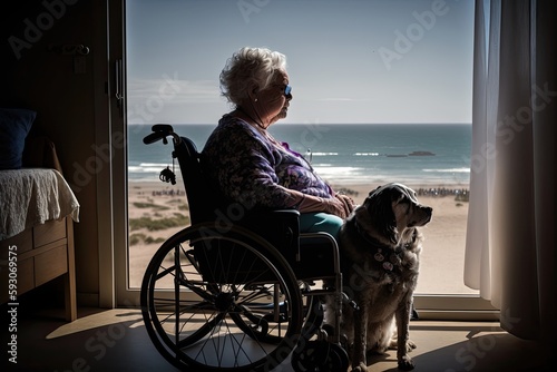 Senior woman in the wheelchair enjoying the view on the beach with her dog from her room. Created with generative AI © Barbara