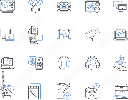 Electronics and high tech outline icons collection. Gadgets, Technology, Electronics, Computers, High-Tech, Smartphones, Robotics vector and illustration concept set. Audio, Monitors, Video linear photo