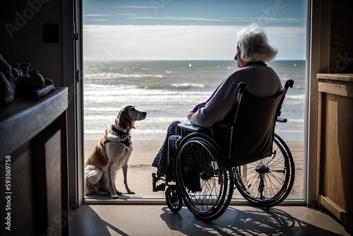 Disabled senior woman in the wheelchair enjoying sunset at the beach with the company of her dog. Created with generative AI © Barbara