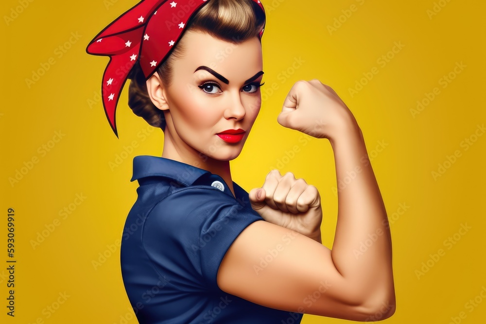 Strong powerful fictional AI generated woman. Woman's day banner. We Can Do It. Woman s fist symbol of female power, fictional person created with generative AI - obrazy, fototapety, plakaty 