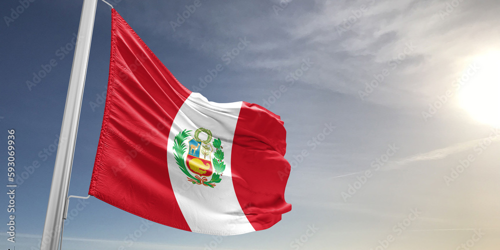 Naklejka premium Peru national flag cloth fabric waving on beautiful sky grey Background.
