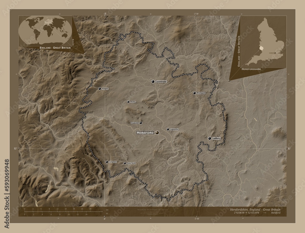 Obraz premium Herefordshire, England - Great Britain. Sepia. Labelled points of cities