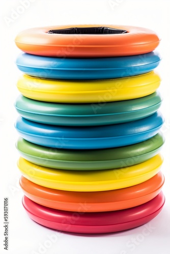Farbenfroher Wasserspaß: Ein Stapel aus farbigen Schwimmringen, KI Generiert