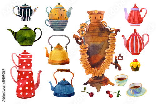 Watercolor Set of kitchen items on a light background. Ideally, the set can be used for stickers, invitations, diary decorations, cooking books, or crafting. Colorful set with Kettles, polka dot jug