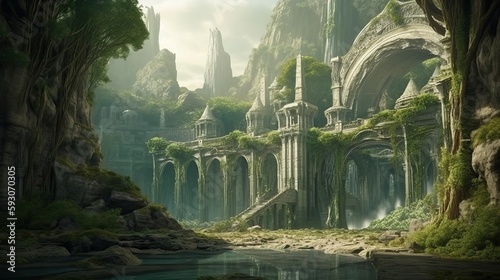 Elven or Elvish city with arches, marble palaces, waterfalls and vegetation. Generative AI

