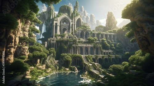Elven or Elvish city with arches, marble palaces, waterfalls and vegetation. Generative AI
