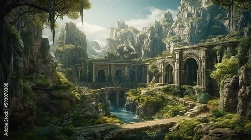Elven or Elvish city with arches, marble palaces, waterfalls and vegetation. Generative AI
