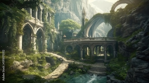 Elven or Elvish city with arches, marble palaces, waterfalls and vegetation. Generative AI
