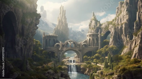 Elven or Elvish city with arches, marble palaces, waterfalls and vegetation. Generative AI 