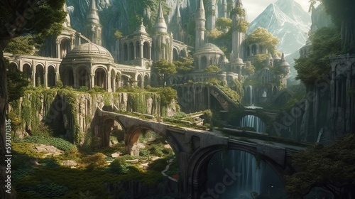 Elven or Elvish city with arches, marble palaces, waterfalls and vegetation. Generative AI
