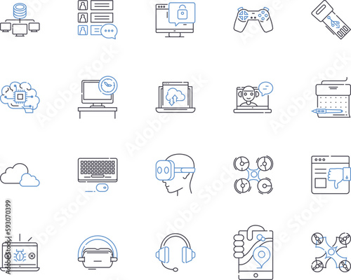 Information technology outline icons collection. IT, Computing, Software, Networking, Solutions, Security, Automation vector and illustration concept set. Cybersecurity, Programming, Hardware linear
