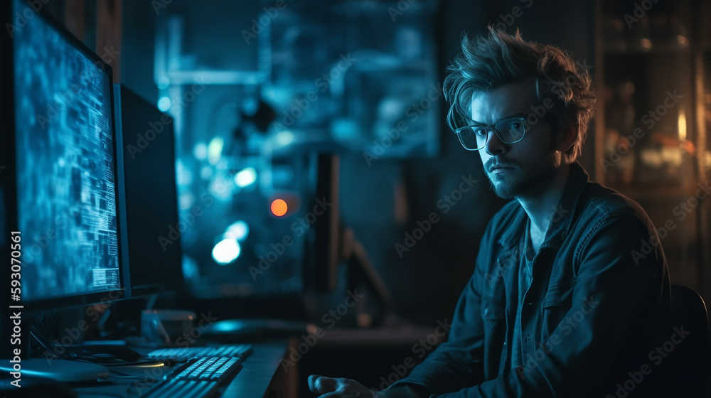 Mann konzentriert vor einem Computer KI Mann konzentriert vor einem Computer KI