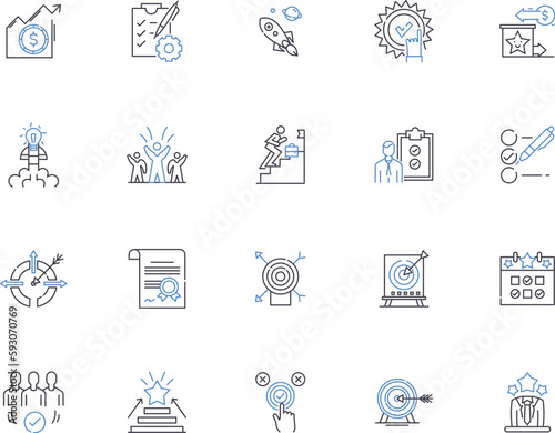 Goals outline icons collection. Aims, Objectives, Targets, Ambitions, Aspirations, Hopes, Intents vector and illustration concept set. Outcomes, Purposes, Endeavors linear signs