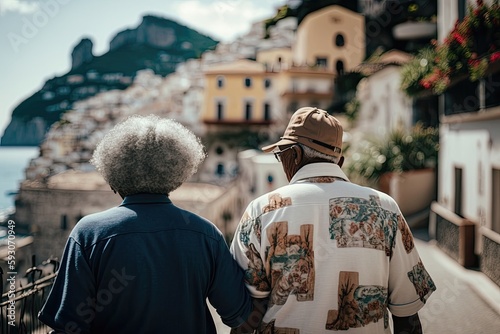 Senior couple with gray hair traveling. They are having vacation in Italy. Created with generative AI