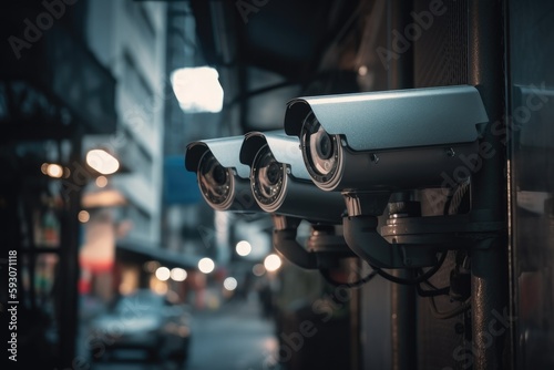 Surveillance camera hanging on a wall at a street in a big city at night with bokeh lights in the background Generative AI