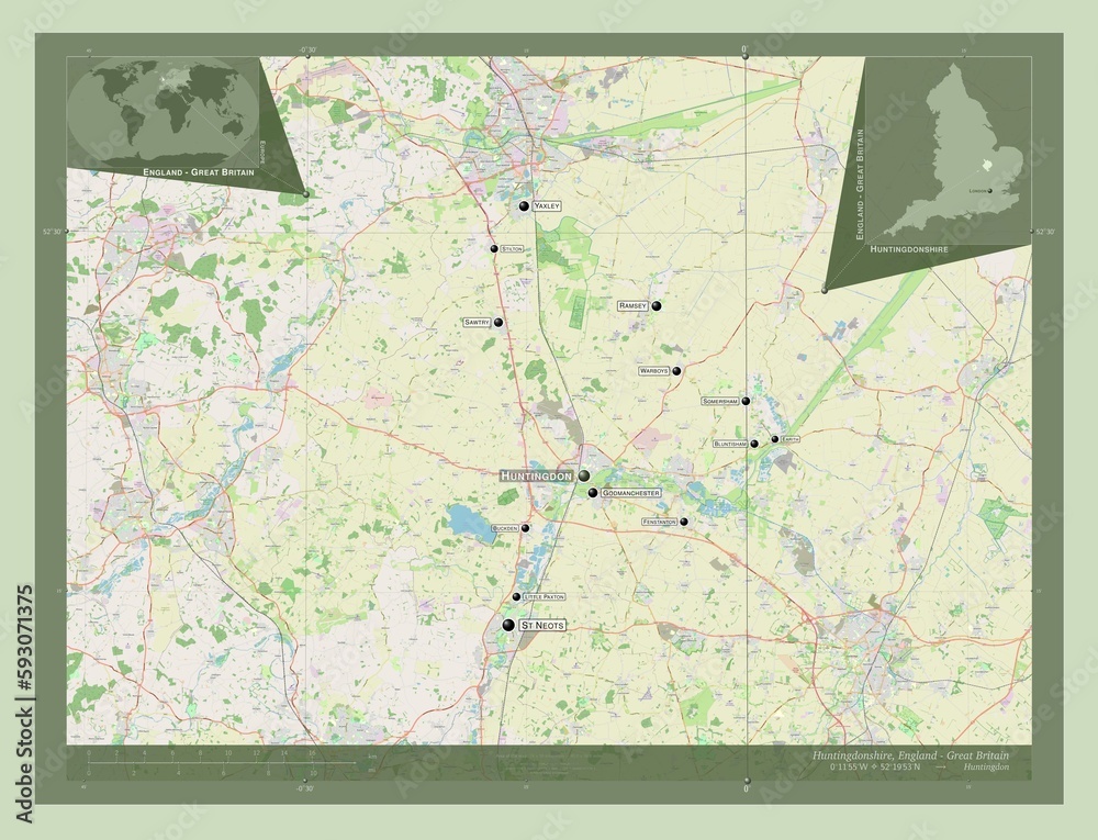Fototapeta premium Huntingdonshire, England - Great Britain. OSM. Labelled points of cities