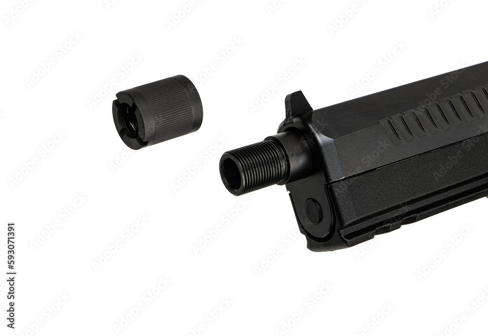 Modern semi-automatic pistol isolate on a white back. Armament for the army and police. Short-barreled weapon Modern semi-automatic pistol isolate on a white back. Armament for the army and police. Short-barreled weapon
