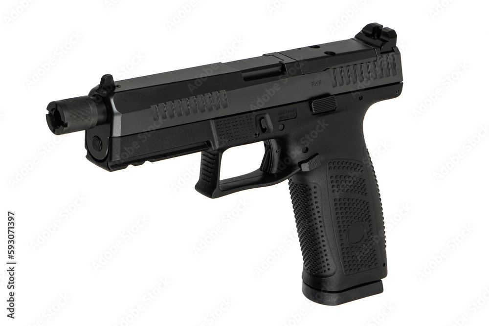 Modern semi-automatic pistol isolate on a white back. Armament for the army and police. Short-barreled weapon