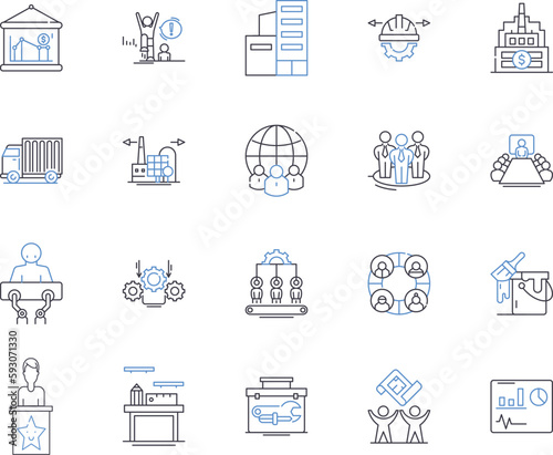 Production enterprise outline icons collection. Enterprise, Production, Manufacturing, Company, Factory, Organization, Business vector and illustration concept set. Industry, Plant, Conglomerate