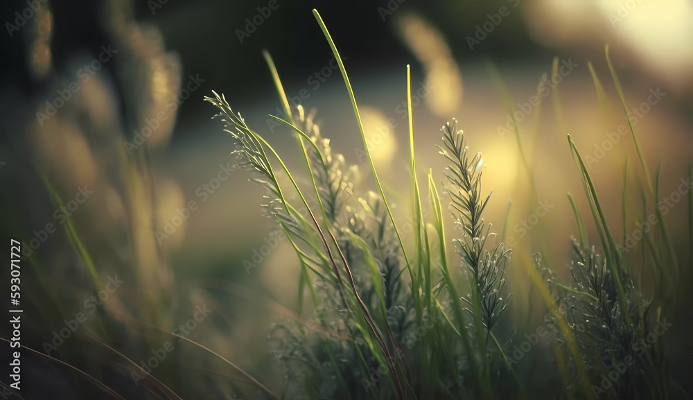 Green grass through the sun. Grass field. Sunset. Close-up. Banner. Generative AI
