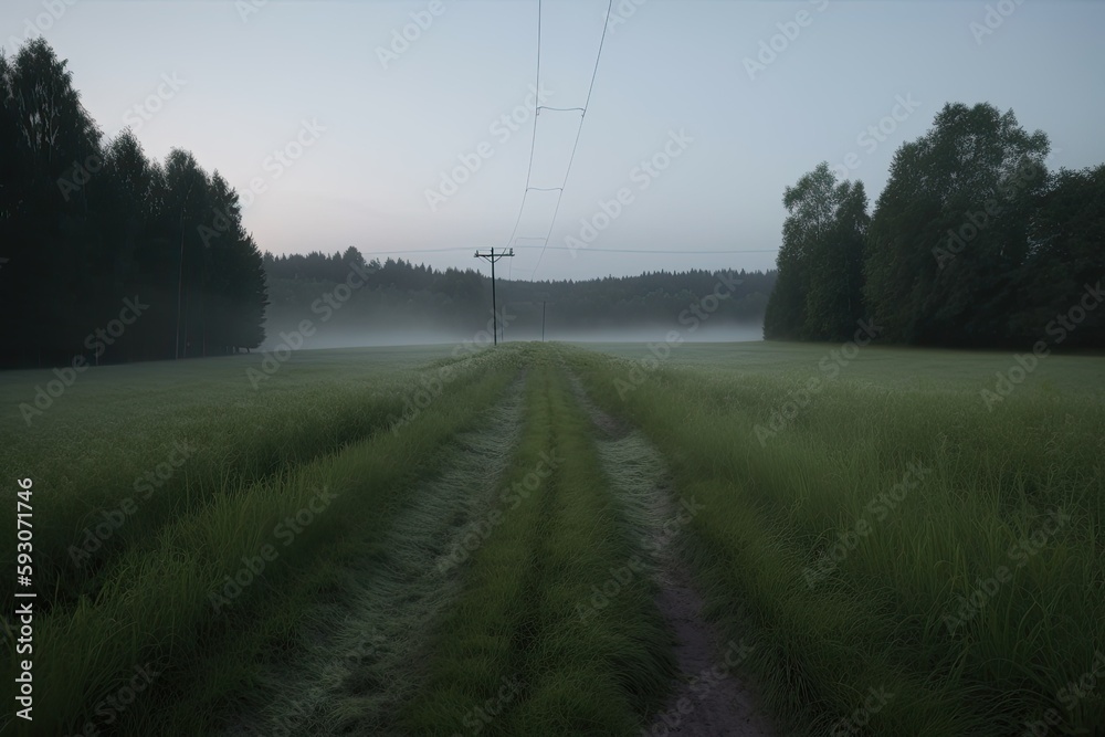 a june grass and the mist of a late-afternoon sky. Generative AI - obrazy, fototapety, plakaty 