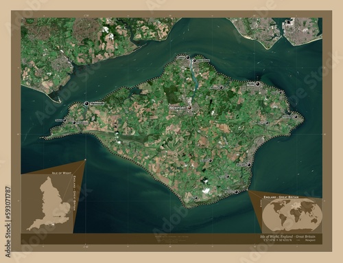Isle of Wight, England - Great Britain. Low-res satellite. Labelled points of cities photo