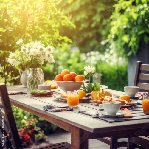 Delicious  breakfast on wooden table in garden. Summer background. Created with generative Ai technology.